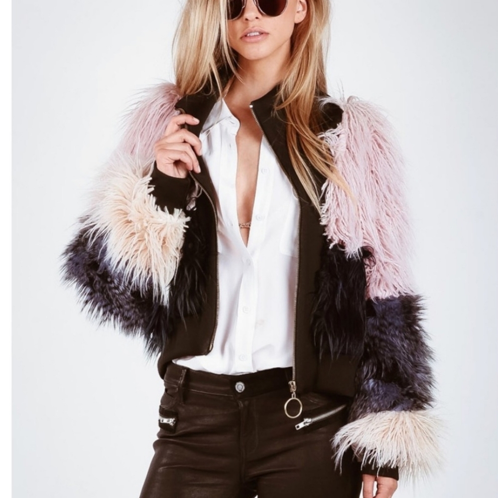 YF&B young fabulous and broke faux fur zip up jacket, size S / M